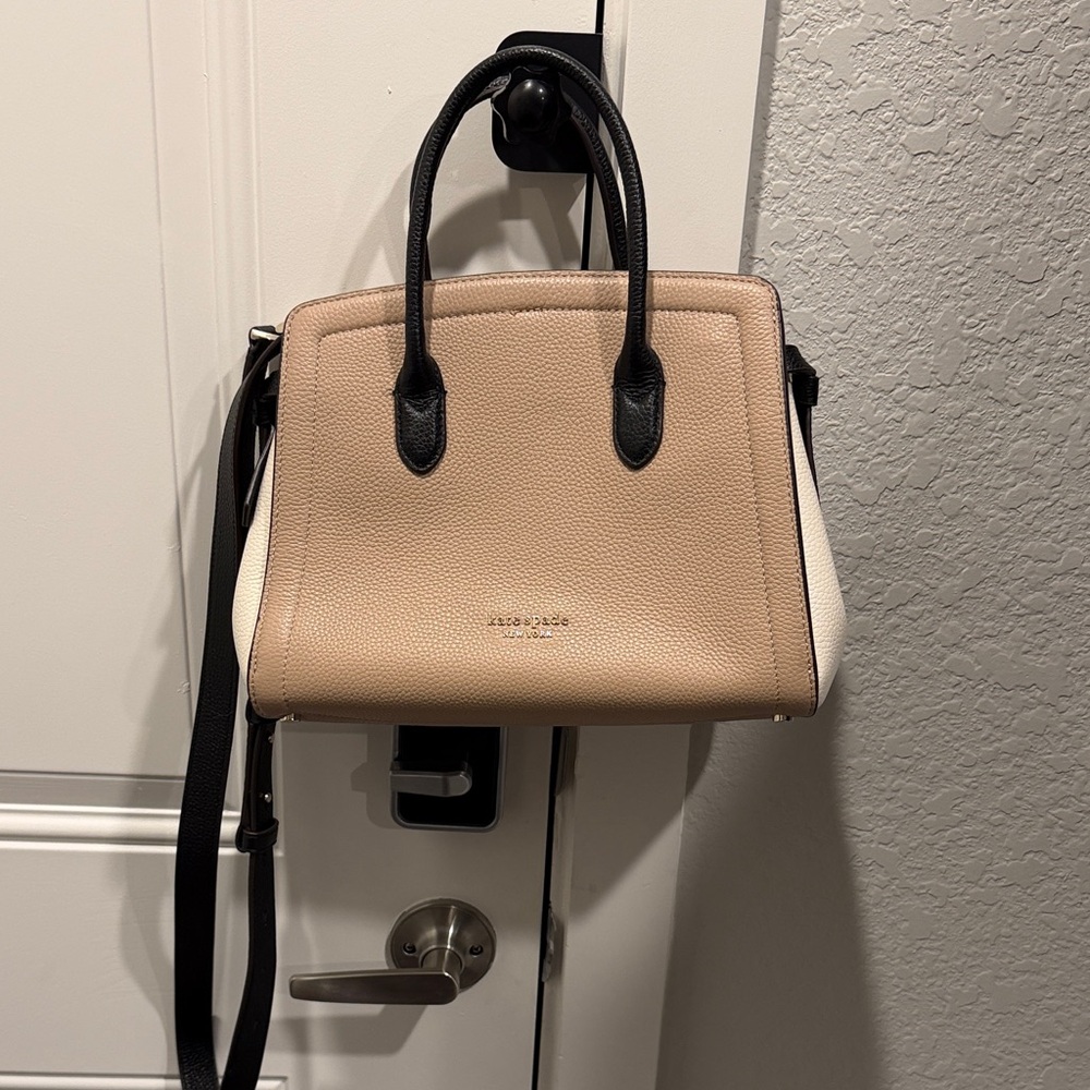 kate spade Two-Tone Pebbled Leather Satchel in Beige, Black and White